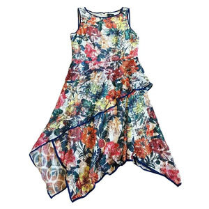 Adrianna Papell Floral Asymmetrical Sleeveless Dress Handkerchief Hem Size 10